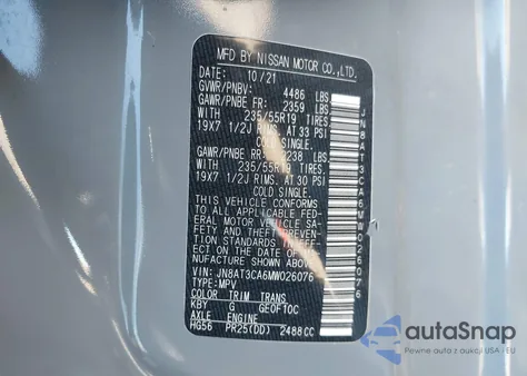 2021 Nissan Rogue Sl Fwd из США, поврежденный, VIN JN8AT3CA6MW026076